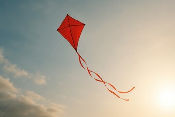 Red kite flying in sky at sunset used in freedom success and childhood nostalgia concepts