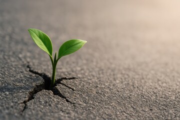 Green plant sprout growing through cracked asphalt symbolizing resilience hope and environmental renewal