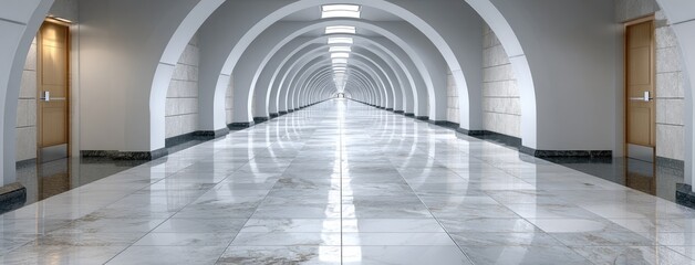 Obraz premium A bright, white curved tunnel allows light to filter through, casting a calming shadow along the smooth concrete floor
