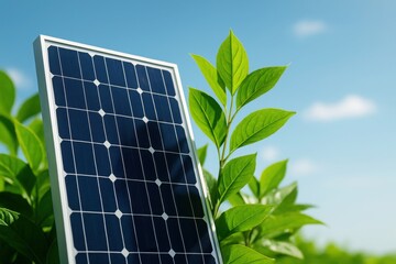 Solar panel with green leaves under blue sky, symbolizing clean energy, renewable power, and sustainable innovation. Perfect for green tech, ESG, and ecological projects.