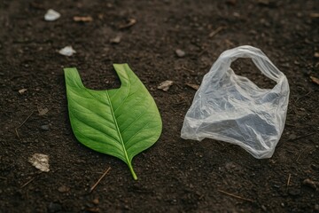 Green leaf shaped like a plastic bag lies next to a real plastic bag on soil. Strong visual metaphor of eco-friendly choice, sustainability, and anti-waste awareness.