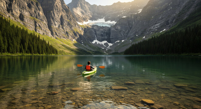 Solo adventurer kayaking on a clear alpine lake towards majestic mountains and a glacier, embracing nature's tranquility.