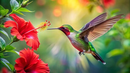 A colorful, small hummingbird in wild flight feeding on a tropical flower, its green feathers and long beak prominent