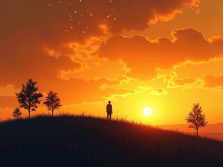 Fototapeta premium Solitude and contemplation at sunset with lone person standing on hill, golden sky, glowing sun, tranquil nature landscape