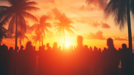 Crowds gather at sunset on a beach with palm trees in the background