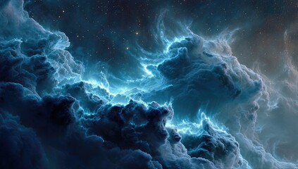 Cosmic clouds, swirling blues, and starry night