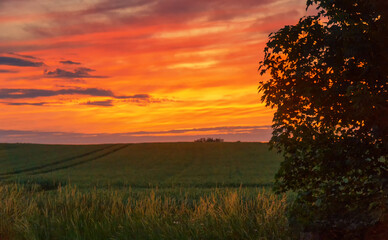 Sunset over the field, with torn dramatic orange-purple clouds. Masuria, Poland, Europe. Selective focus.