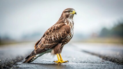 A magnificent red-tailed hawk, a formidable bird of prey, in flight with outstretched wings, showcasing its brown and white feathers