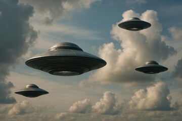 Futuristic UFOs Amidst Clouds