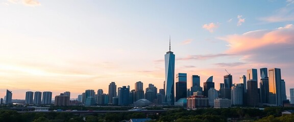Modern cityscape skyline at sunset, reflecting successful business growth, market, landing page