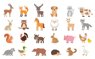 Icon set of woodland and domestic animals in cute simple kawaii style. Vector illustration of wild and farm animals, zoo isolated on white background.