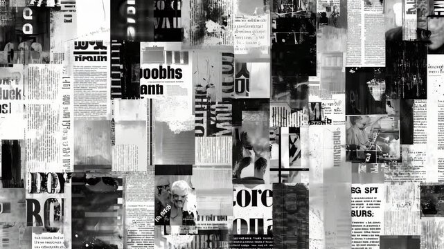 A dynamic arrangement of urban news articles with artistic images and typography in black and white creating a newspaper inspired abstract background