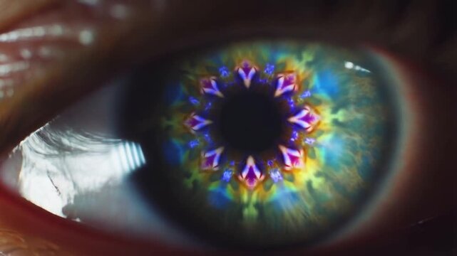 Extreme close-up of colorful human iris forming kaleidoscopic geometric patterns. Concept of consciousness and perception