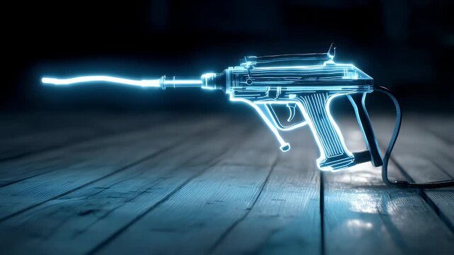 Glowing electric drill on wooden floor