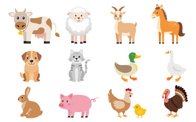 Icon set of domestic animals in cute simple kawaii style. Vector illustration of farm animals, zoo isolated on white background.