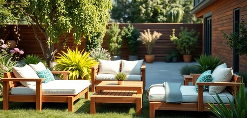 Fototapeta premium Modern teak wood lounge set, comfy cushions, summer garden setting, relaxation, coffee table