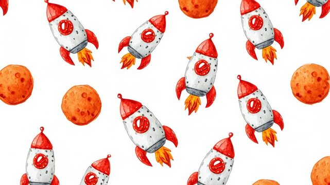 Space rockets orange planets pattern