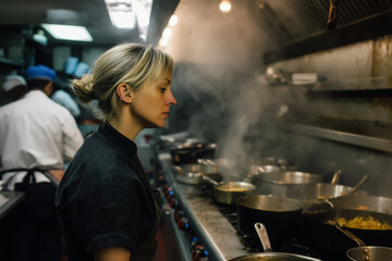 Woman chef kitchen cooking steam professional restaurant focused culinary stove busy food preparation heat uniform stainless