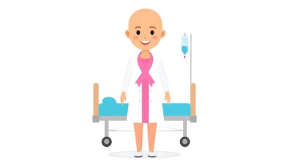Illustration of a Bald Woman with a Pink Ribbon and Hospital Bed Supporting Cancer Awareness