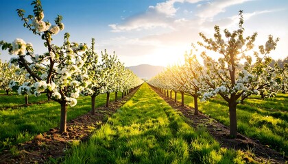 Naklejka premium Blossoming orchard at sunset