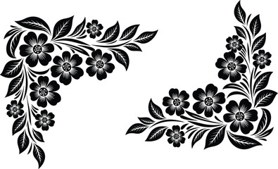 CAD drawing flat vector illustration, floral corner motif sketch, decorative leaf and flower design, black and white ornamental artwork template