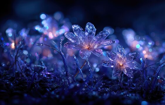 Night-blooming, translucent flowers lit by glowing light - Powered by Adobe