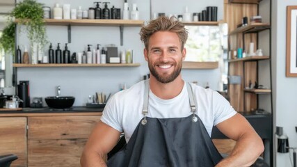 Smiling male barber modern salon, showcasing grooming skills and stylish decor for confident looks