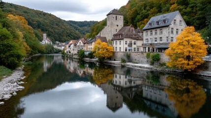 Fototapeta premium Castle towers loom over a serene river mirroring a vibrant sunset, encircled by charming buildings and lush greenery