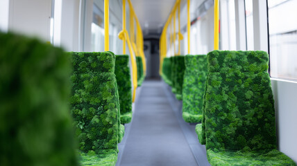 Eco friendly public transport with green moss seat, modern interior, sustainable, clean, innovative, bright, comfortable