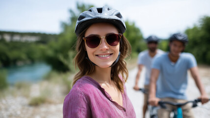 Smiling woman wearing helmet and sunglasses stands in focus, with friends riding bicycles along riverside path