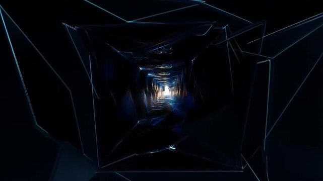 ci-fi tunnel with glowing blue lights and geometric reflections in deep darkness
Concept of travel, technology and mystery