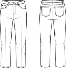 CAD drawing flat vector illustration, pants front and back sketch, coin pocket detail, belt loops, seam line design, fashion template