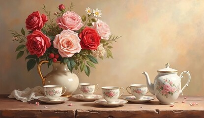 Warm oil painting: roses in vase, vintage tea set on wood table. Soft light, beige/brown background. Cozy, elegant. Copyspace for text