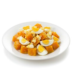 boiled pumpkin and egg salad with low fat dressing, plated for clean eating ,isolated on white background, no text