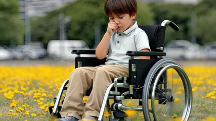 Inspiration and empowerment shine as a young boy in a wheelchair enjoys a sunny day amidst vibrant yellow flowers in a park