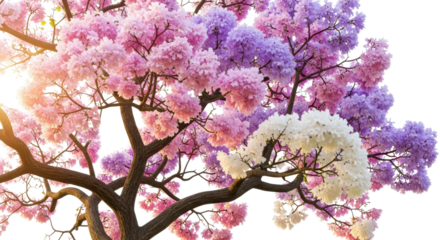 Vibrant Blooming Tree with Pink, Purple, and White Flowers Against Bright Sky Background