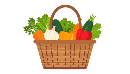 Illustration of a wicker basket filled with fresh vegetables on a white background