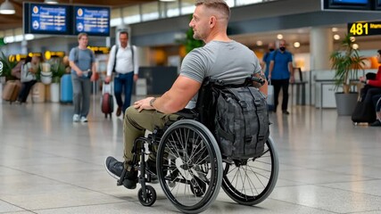 Man in wheelchair navigating through busy airport terminal with backpack on a sunny day - Powered by Adobe