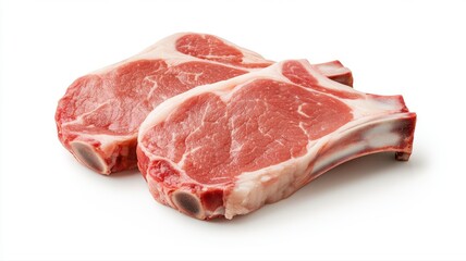 Two Raw Meat Chops on White Background meat raw meat chop steak cutlet bone bone-in lamb chop fresh