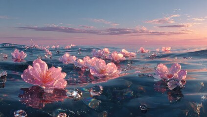 Pink cherry blossoms float on a tranquil ocean at sunset