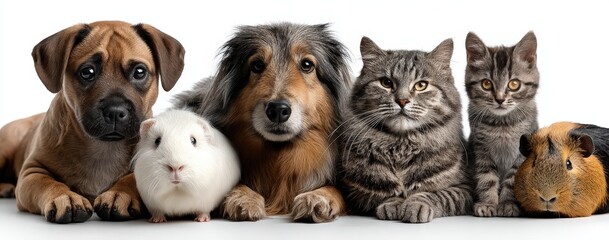 A group of cats, dogs, and guinea pigs on a table together
