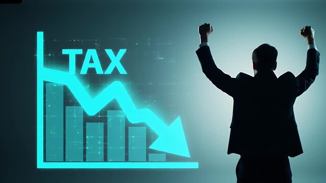 Silhouette Of Businessman Celebrating Falling Tax Rates Shown In Teal Graph Against A Gradient Background In Studio Lighting