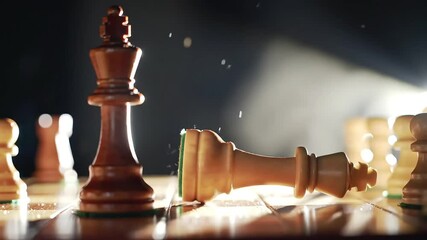 Cinematic slow motion of checkmate, king falling, symbolizing business strategy, success, and defeat.