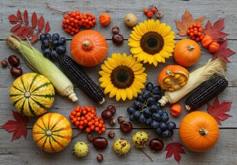 Abundant autumn harvest display featuring pumpkins sunflowers grapes corn and fall foliage