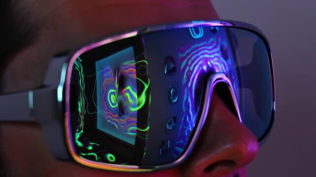 Close-up of futuristic visor glasses reflecting holographic data and neon patterns
Concept of augmented reality and advanced interface