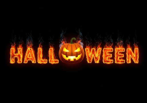 Spooky halloween text with a fiery jack o lantern and burning letters on black