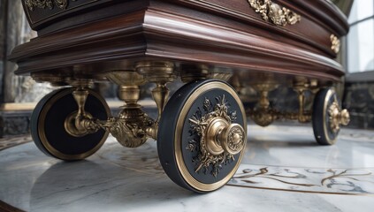 Ornate wooden cart with detailed brass accents and wheels