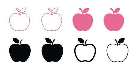 Vector art of apple icon variations pink and black outlines and silhouettes on white background