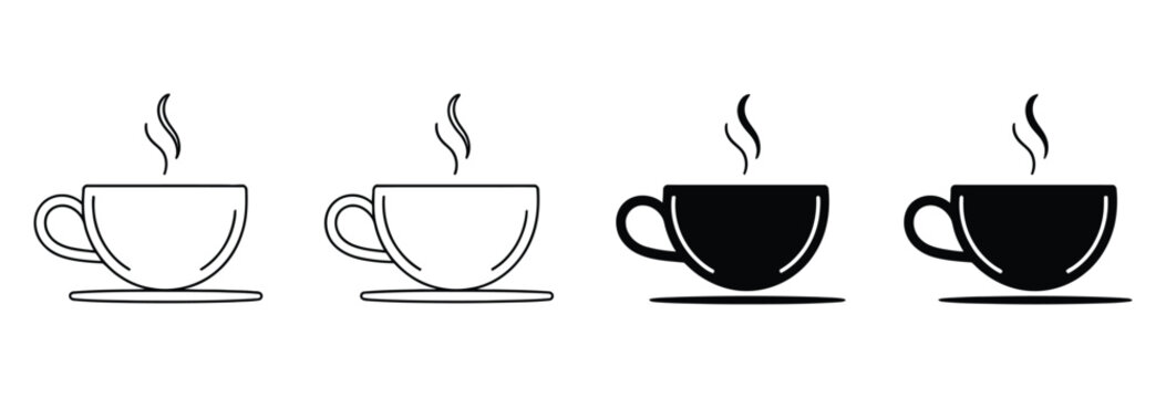 Vector art of coffee cup icon evolution from detailed outline to solid silhouette with steam