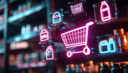 Neon shopping icons glow brightly against a blurred store background suggesting modern retail and the convenience of online purchasing.
